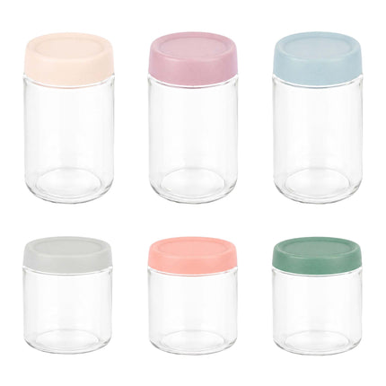 Set of 6 Glass Jam Jars with Pastel Lids, 350ml & 450ml