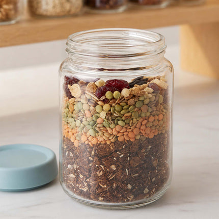 Set of 6 Glass Jam Jars with Pastel Lids, 350ml & 450ml