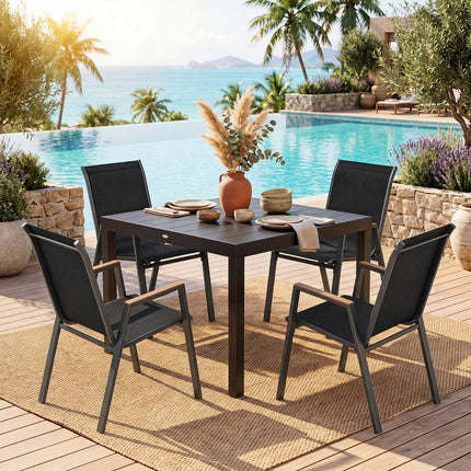 Set of 6 Stackable Garden Chairs, Black Teslin Fabric