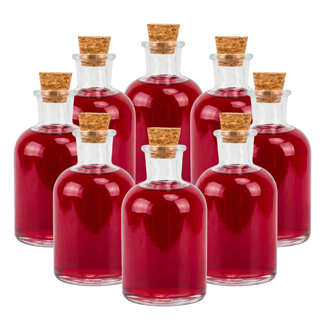 Set of 8 Glass Bottles with Corks – 150ml, Round