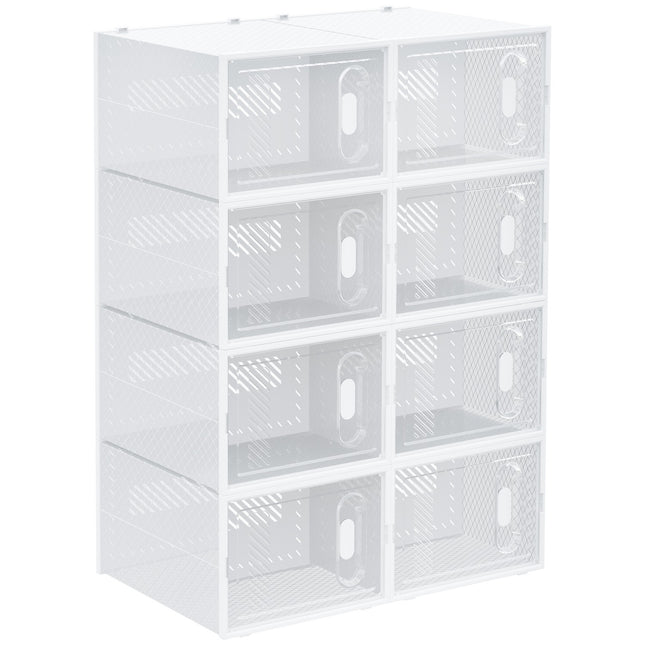 Set van 8 schoenendozen, schoenenorganizer met magnetische deuren, schoenendoos met deksel, kunststof schoenenopberger, voor schoenen tot maat 45, transparant + wit