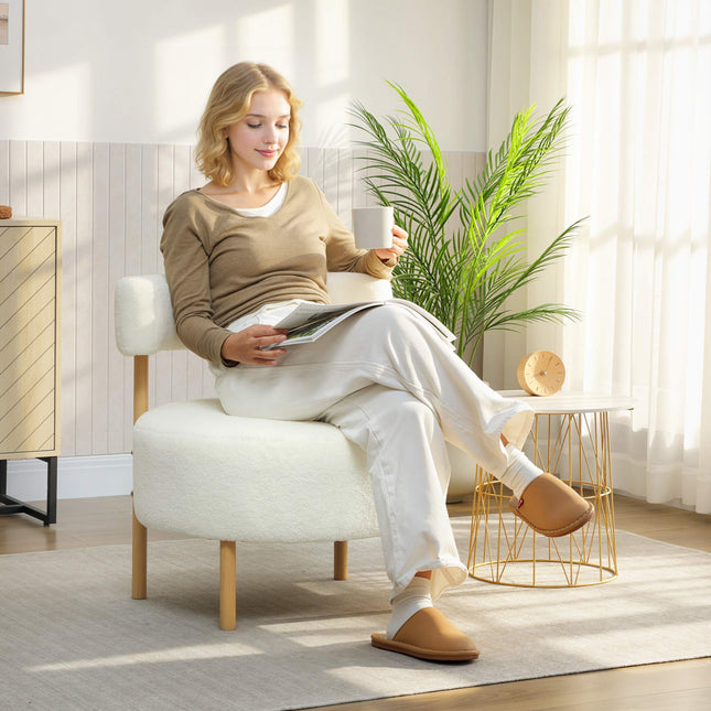 Sherpa-fleece loungestoel, metalen poten met houtlook, crèmewit