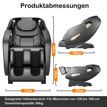 Shiatsu Massage Chair, Adjustable, Bluetooth, Black, 143x77x111 cm