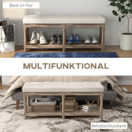 Shoe bench with storage, padded seat, wooden legs, cream