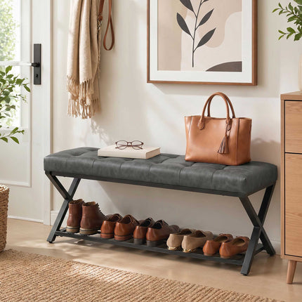 Shoe Bench With PU Leather Cushion, Metal Shelf, 220 kg
