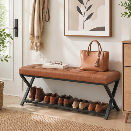 Shoe Bench With PU Leather Seat, Metal Shelf, 220 kg