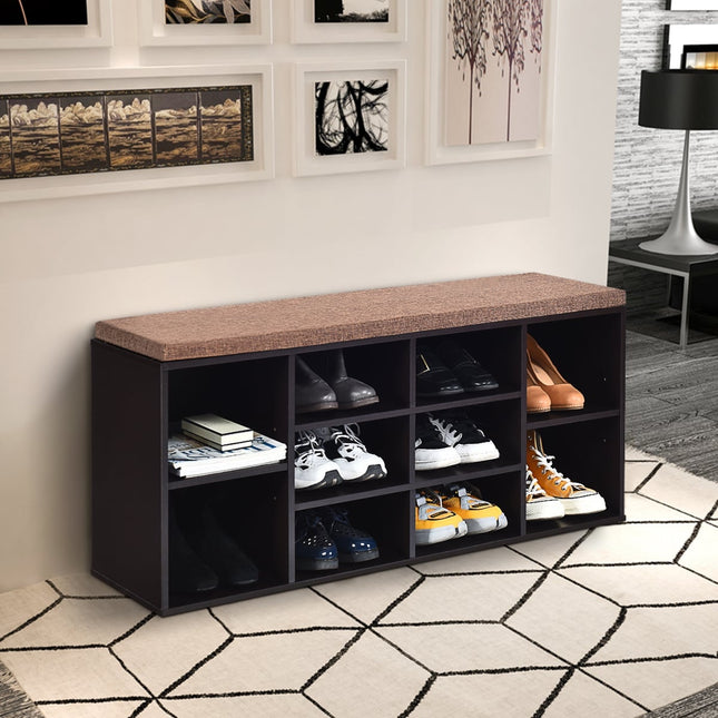 Shoe Bench with Cushion, Adjustable Shelves, Brown Wood