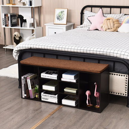 Shoe Bench with Cushion, Adjustable Shelves, Brown Wood