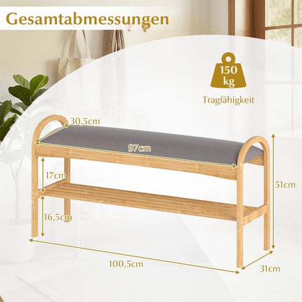 Shoe Bench with Cushion, Bamboo Frame, 2-Tier Storage