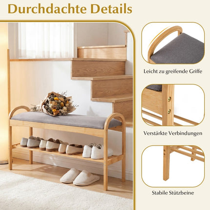 Shoe Bench with Cushion, Bamboo Frame, 2-Tier Storage