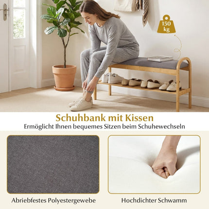 Shoe Bench with Cushion, Bamboo Frame, 2-Tier Storage