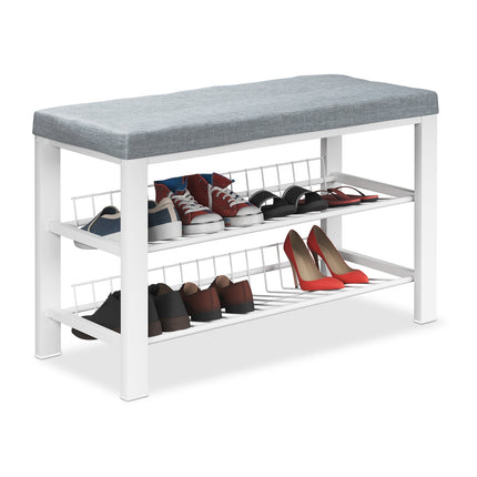 Shoe Bench with Cushion, Metal Frame, 2-Tier Rack