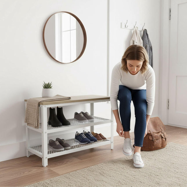 Shoe Bench with Seat and 2 Shelves for Entryway