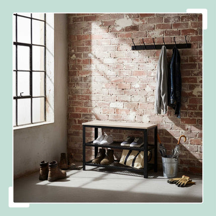 Shoe Bench with Seat and 2 Wire Shelves, Light Wood Top, Black Frame