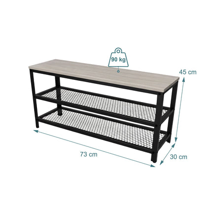 Shoe Bench with Seat and 2 Wire Shelves, Light Wood Top, Black Frame