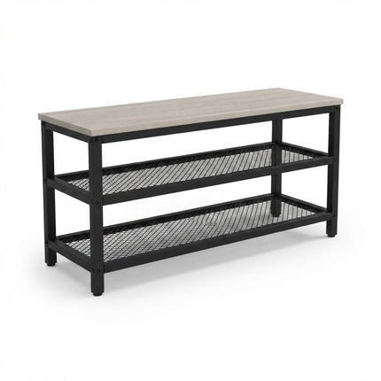 Shoe Bench with Seat and 2 Wire Shelves, Light Wood Top, Black Frame