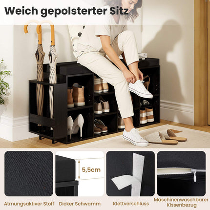 Shoe Bench with Umbrella Holder, Black, Adjustable Shelves