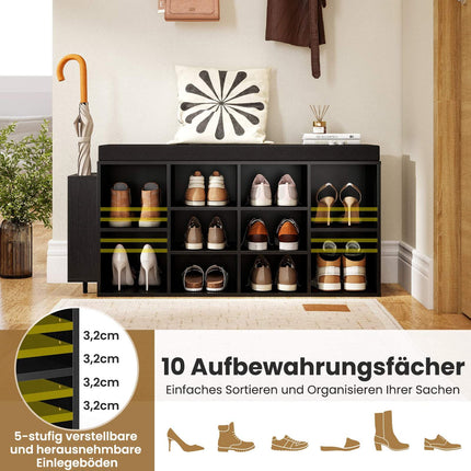 Shoe Bench with Umbrella Holder, Black, Adjustable Shelves