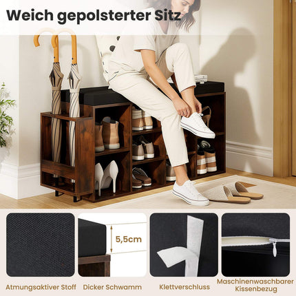 Shoe Bench with Umbrella Holder, Cushioned Seat, Adjustable Shelves