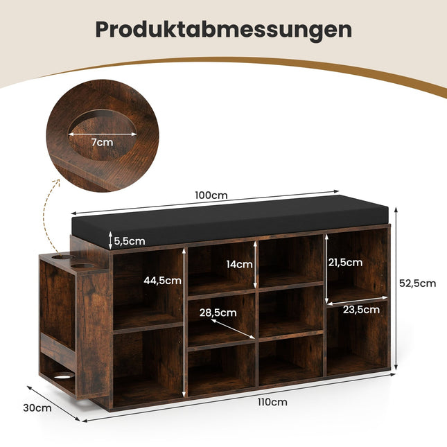 Shoe Bench with Umbrella Holder, Cushioned Seat, Adjustable Shelves