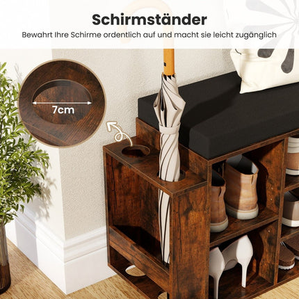 Shoe Bench with Umbrella Holder, Cushioned Seat, Adjustable Shelves