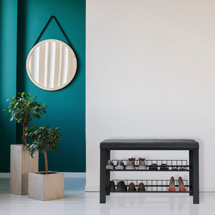 Shoe Bench with Upholstered Seat and Metal Rack
