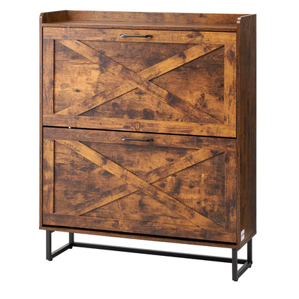 Shoe Cabinet, 2 Flip Drawers, Narrow Farmhouse, Brown