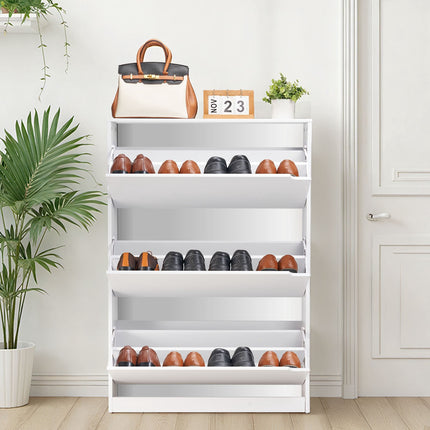 Shoe Cabinet, 3 Flip Drawers, Narrow, Anti-Tip, White