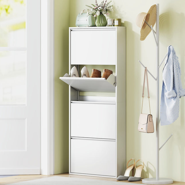 Schoenenkast Metaal met 4 kleppen Schoenenkantelaar Slim voor 8 paar schoenen Schoenenrek Schoenenkist Schoenenrek Wandmontage voor entree Hal 55 x 15 x 139,5 cm Wit |