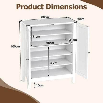 Shoe Cabinet With Doors, 6-Tier Adjustable Shelves, White