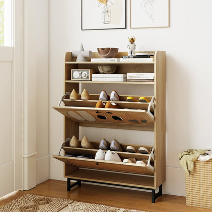 Shoe Cabinet with 2 Flip Drawers, Rattan Doors, Metal Legs
