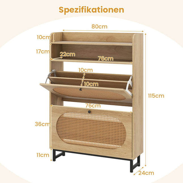 Schoenenkast met 2 klaplades, rotan deuren en metalen poten.