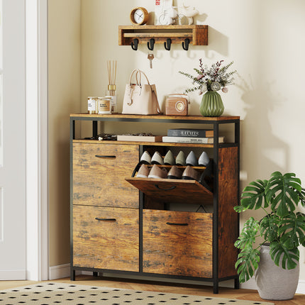 Shoe Cabinet with 4 Flip Drawers, Steel, Brown, Holds 12-20 Pairs