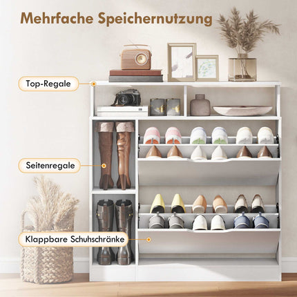 Shoe Cabinet with Adjustable Dividers, 2 Drop-Down Doors, White