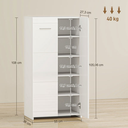 Shoe Cabinet with Adjustable Shelves, Glossy White, Holds 10 Pairs