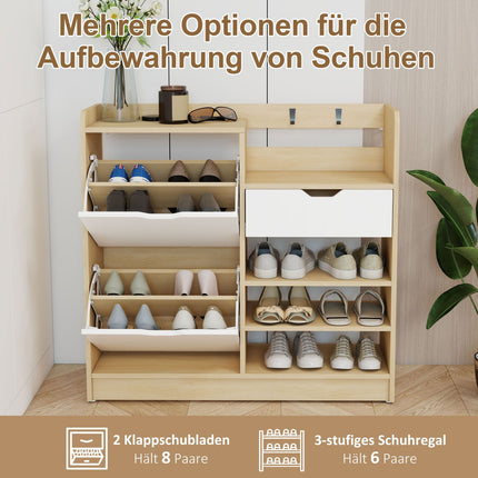 Shoe Cabinet with Flip Drawers, Open Shelves, 4 Hooks