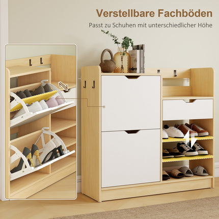 Shoe Cabinet with Flip Drawers, Open Shelves, 4 Hooks