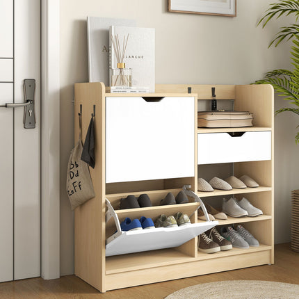 Shoe Cabinet with Flip Drawers, Open Shelves, 4 Hooks