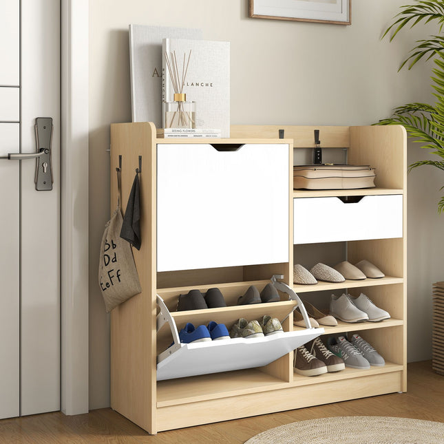 Schoenenkast met klapladen, open planken, 4 haken