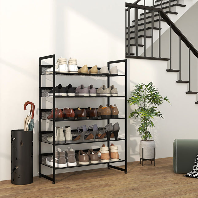 5-layer black steel shoe rack for 15 pairs, 72x30x102 cm