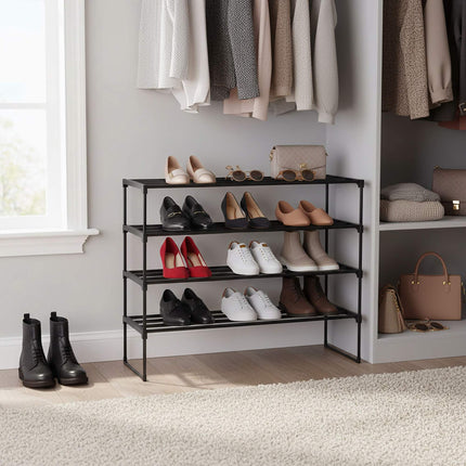 Shoe Rack, Stackable Metal Frame With Plastic Tiers