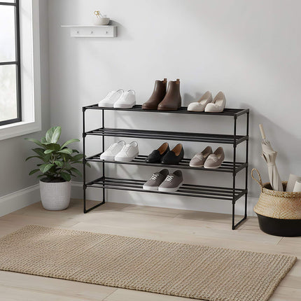Shoe Rack, Stackable Metal Frame With Plastic Tiers