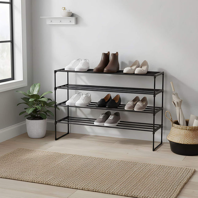 Schoenenrek, stapelbaar metalen frame met plastic planken