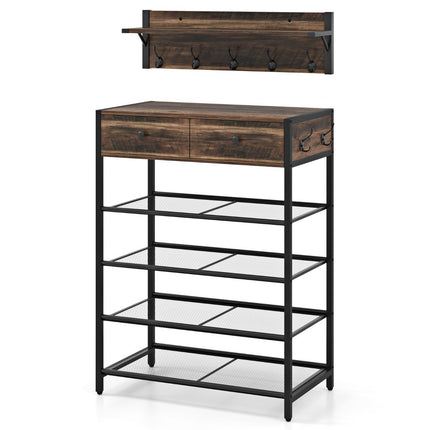 Shoe Rack & Wall Coat Rack Set with Hooks & Drawers