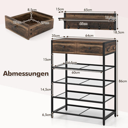 Shoe Rack & Wall Coat Rack Set with Hooks & Drawers