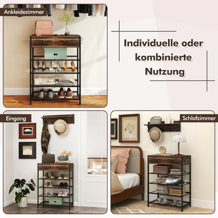Shoe Rack & Wall Coat Rack Set with Hooks & Drawers