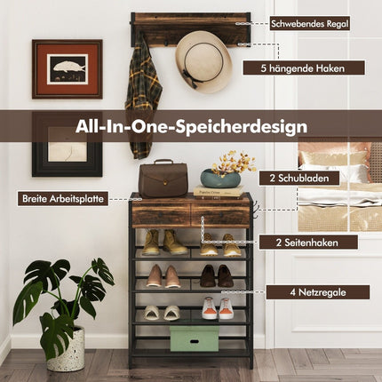 Shoe Rack & Wall Coat Rack Set with Hooks & Drawers