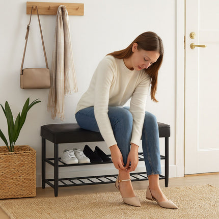Shoe Storage Bench, Faux Leather, 2 Shelves
