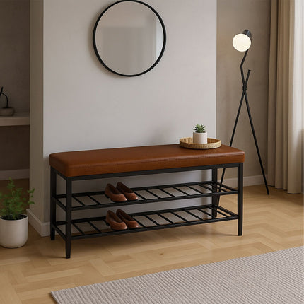 Shoe Storage Bench, Faux Leather, 2 Shelves