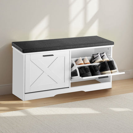 Shoe Storage Bench With Flip Drawers, Cushioned Seat